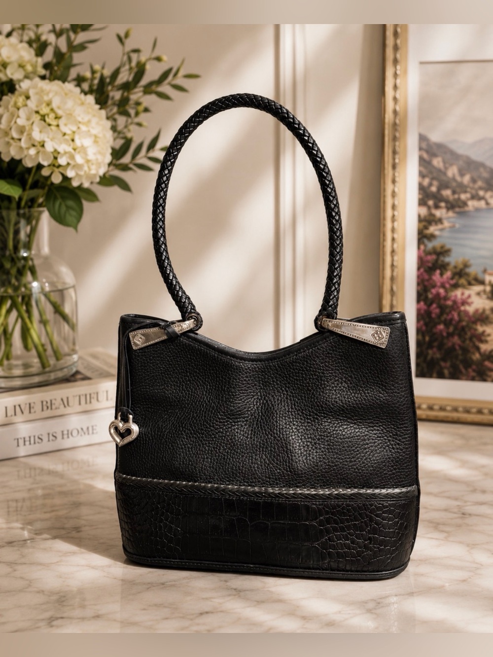 Brighton Black Textured Leather Shoulder Bag with Heart Charm